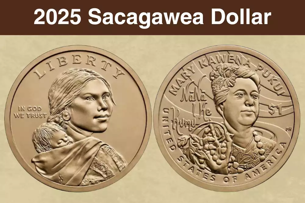 2025 Native American Sacagawea dollar coin obverse showing Sacagawea portrait and Mary Kawena Pukui reverse design