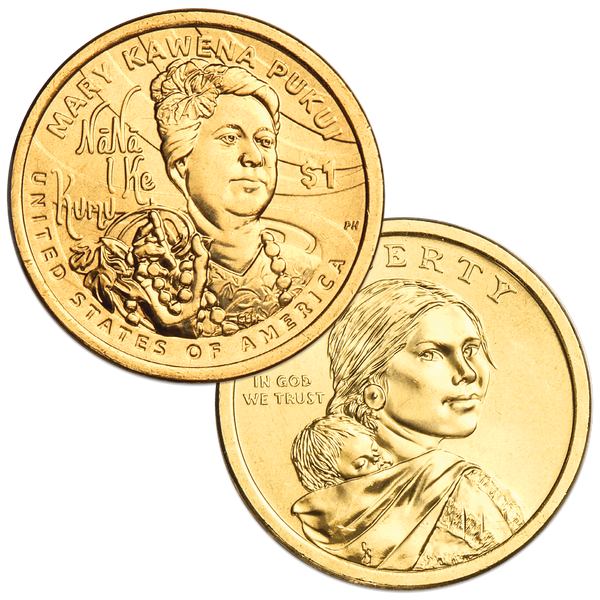 2025 Sacagawea dollar grading strip showing four condition tiers from About Uncirculated through Gem Mint State with visible differences in luster and surface quality